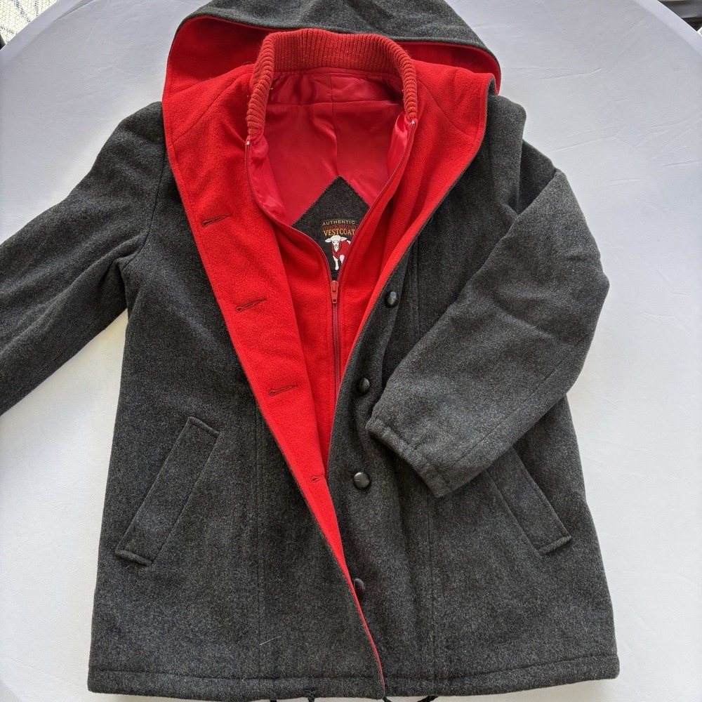 Vintage Mackintosh Vestcoat Wool Hooded Coat Men's Large Gray Red Lined - Picture 2 of 10